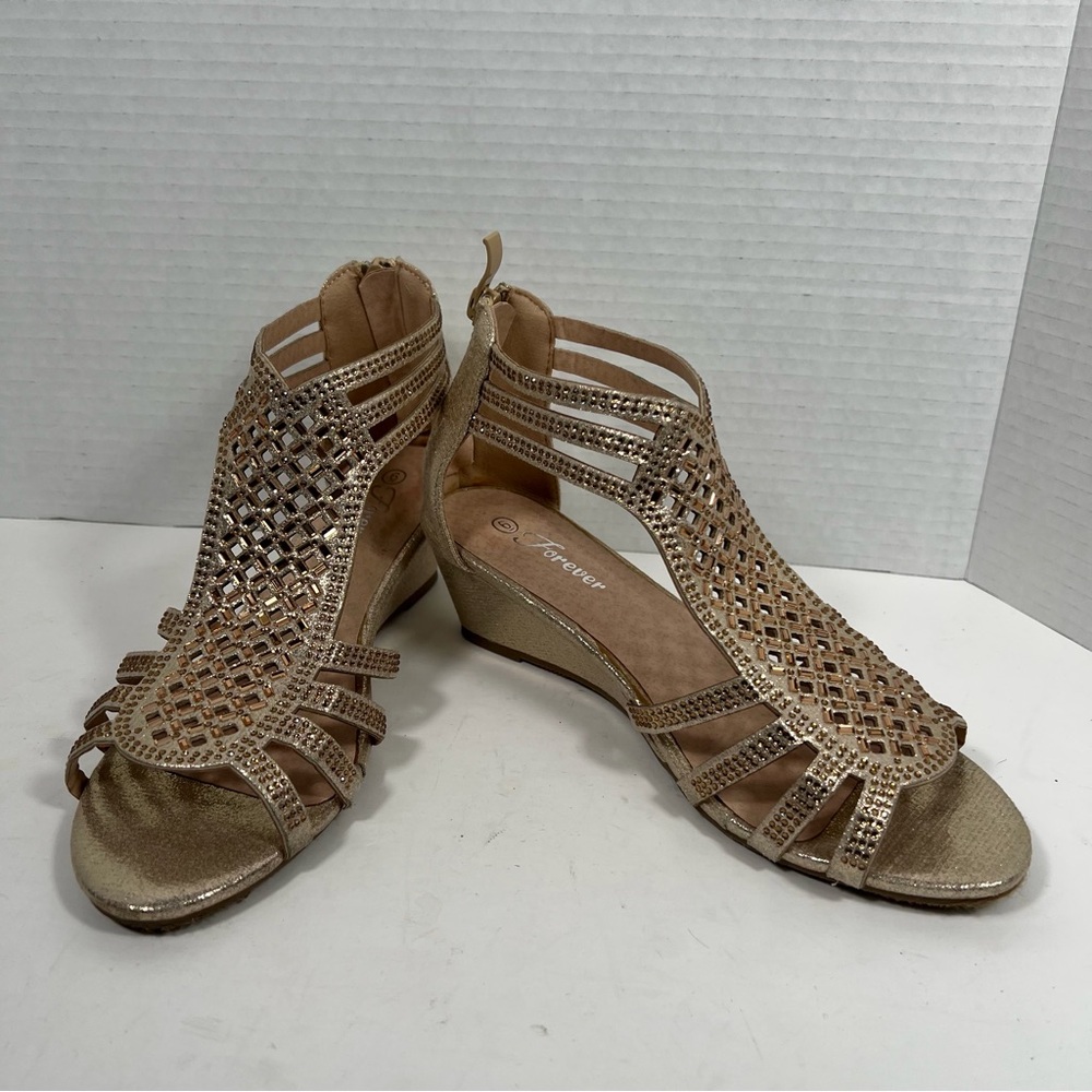 Forever Gladiator Sandals Size 6 Gold Rhinestone Low Wedge Dress Shoes